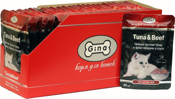 Влажный корм для кошек Gina Adult, туней и филе говядины кусочки в ...