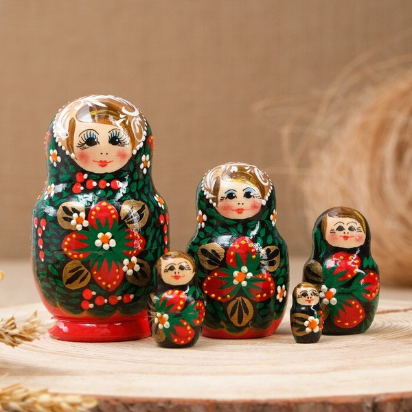 Матрёшка Хохлома , чёрный платок, красное платье, 5 кукольная, 10 см ...