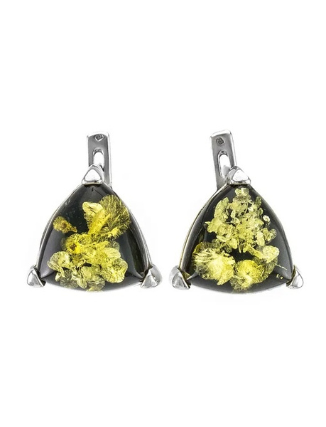 Серебряные серьги с натуральным янтарём зелёного цвета Треугольник ...