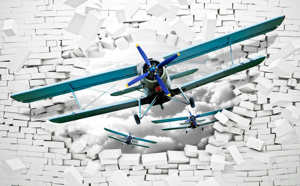 Моющиеся виниловые фотообои GrandPiK Самолет биплан и разломанная стена ...