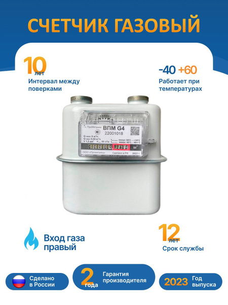 Счетчик газа Прометрика Газовый счетчик ВПМ-G4 Мембранный, Правый, G4 ...