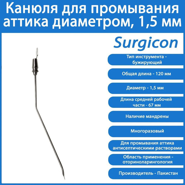 Канюля для промывания аттика диаметром, 1,5 мм, Surgicon - купить с ...