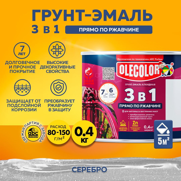Грунт-эмаль OLECOLOR по ржавчине 3 в 1 краска по металлу, бетону ...