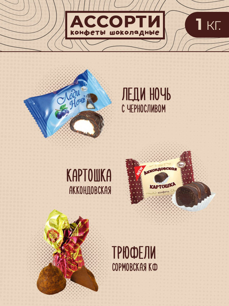 Конфеты шоколадные ассорти 1 кг: Картошка; Трюфели; Леди Ночь - купить ...