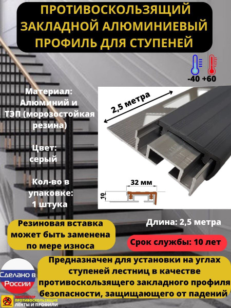 Противоскользящий закладной алюминиевый профиль для ступеней ALPBM 32мм ...