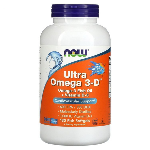 Капсулы NOW Ultra Omega 3-D 600/300, 180 шт. Ультра омега-3 с витамином ...