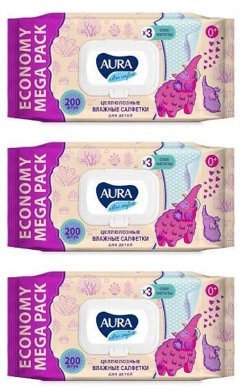 Aura Влажные салфетки для детей, Ultra Comfort big-pack с крышкой, 200 ...