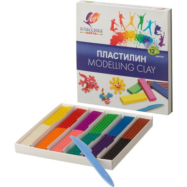 Пластилин 12 цветов, 240 грамм. Пластилин для школы, в комплекте стек ...
