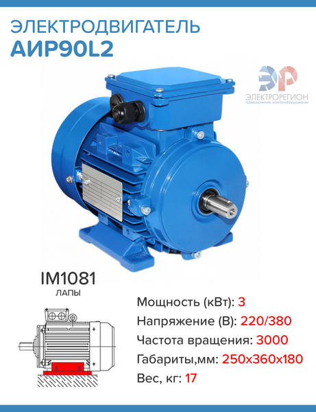 Электродвигатель АИР 90L2 220/380В 3кВт 3000об/мин IM1081 - купить с ...