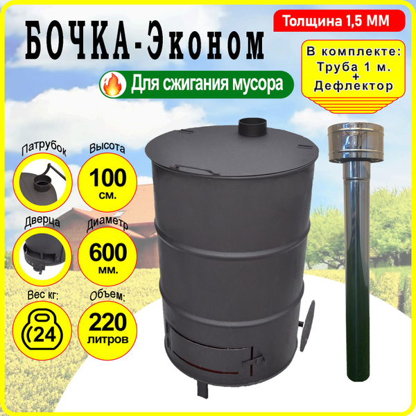 Бочка для сжигания мусора "Эконом" с трубой и дефлектором. - купить с ...