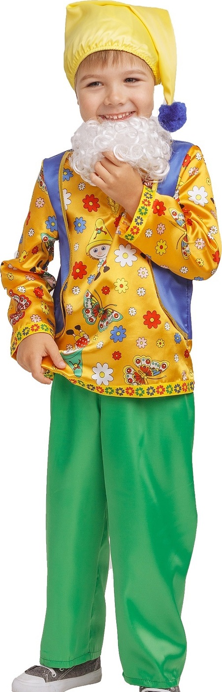 фото Карнавальный костюм Гномик Тоша жилет, шорты, колпак размер 110-56 Пуговка