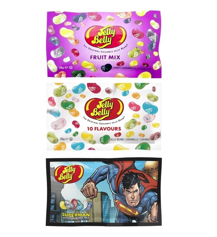 Конфеты Jelly Belly Fruit Mix 28 гр. + 10 вкусов 28 гр. + DC Super Hero Superman 28 гр. (3 шт)