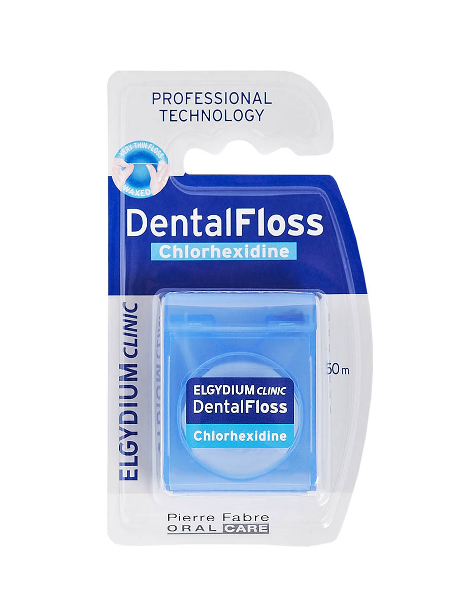 Зубная нить Elgydium Clinic DentalFloss с хлоргексидином, Франция, 50 м