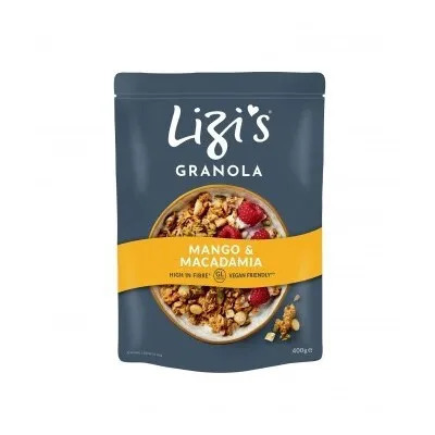 Lizi's Гранола Mango and Macadamia Granola с манго и орехом макадамия, с высоким содержанием клетчатки, подходит для веганов, Великобритания, 400 г