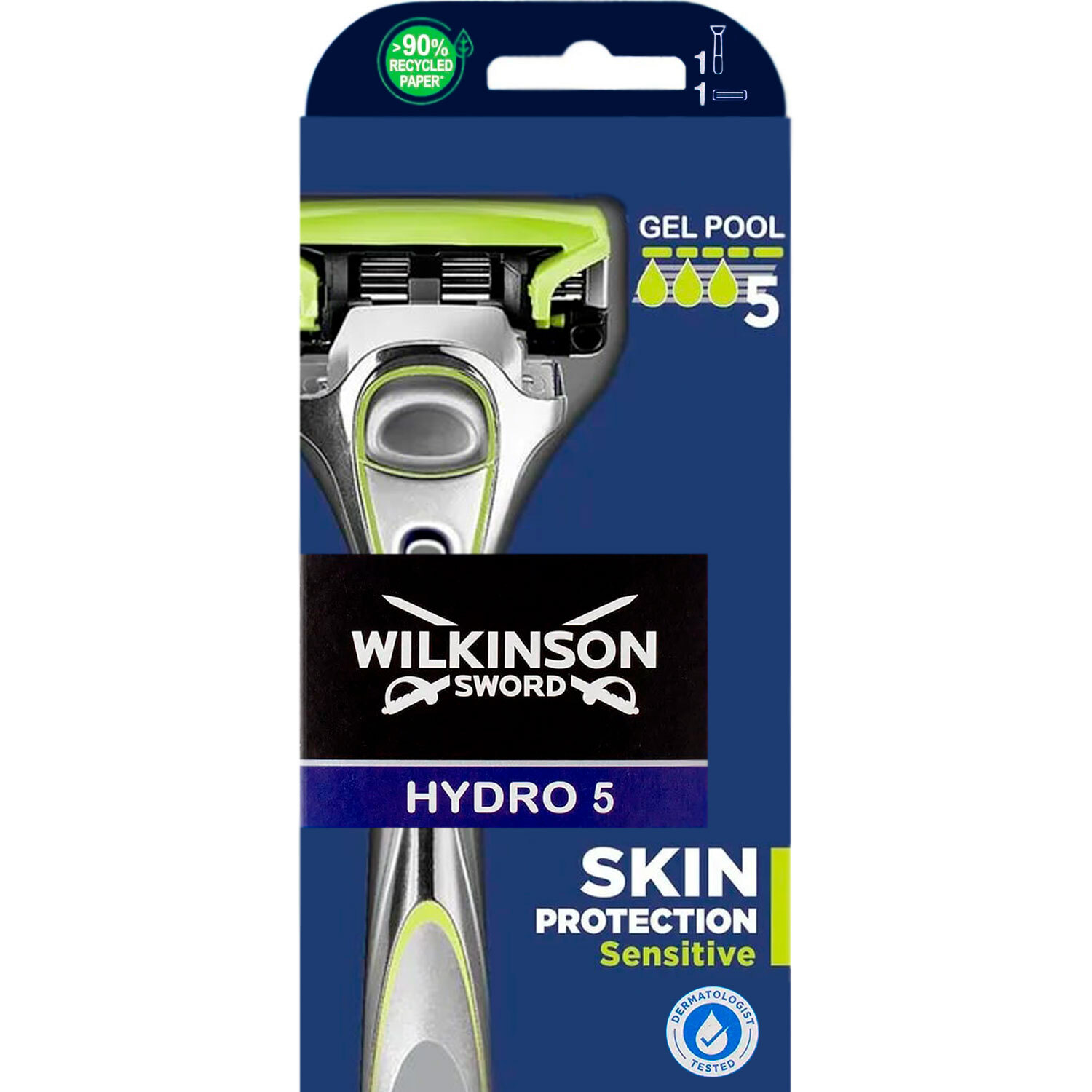 Wilkinson Sword Бритва HYDRO5 Skin Protection Sensitive (1 станок, 1 кассета), 5 лезвий, механизм "флип-триммер", плав.головка, гелевая увл.полоска, металлич.прорезиненная ручка