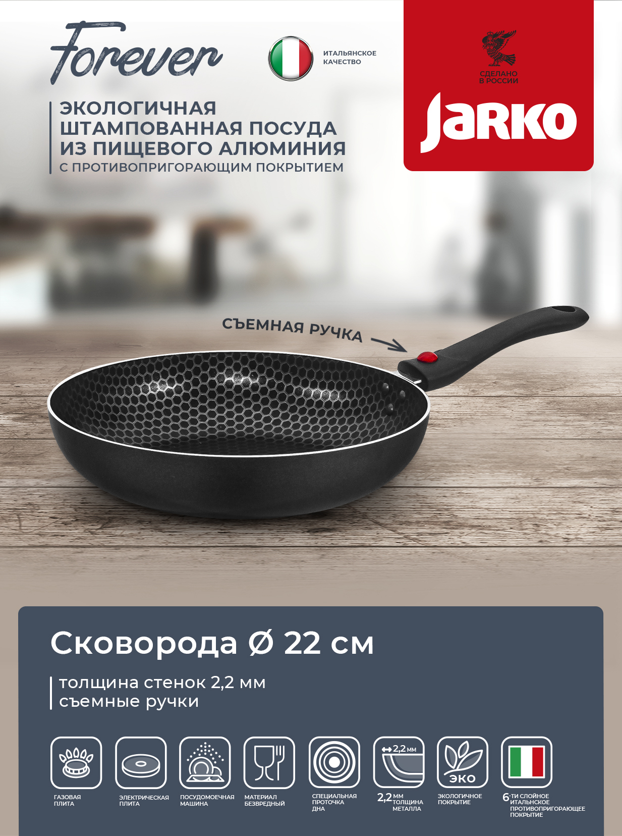 Сковородаантипригарная22см,сосъемнойручкой