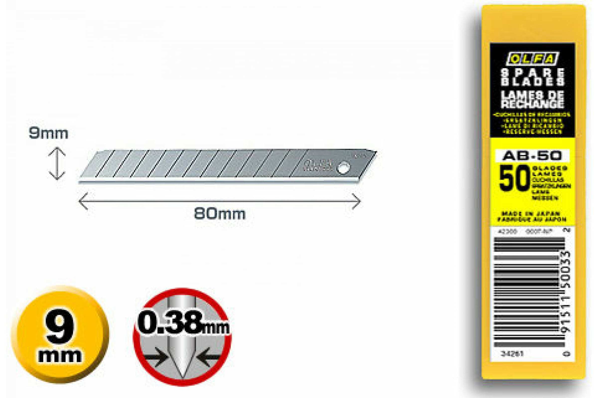 Сегментированные лезвия OLFA OL-AB-50B, 9х80х0.38 мм 50 шт.