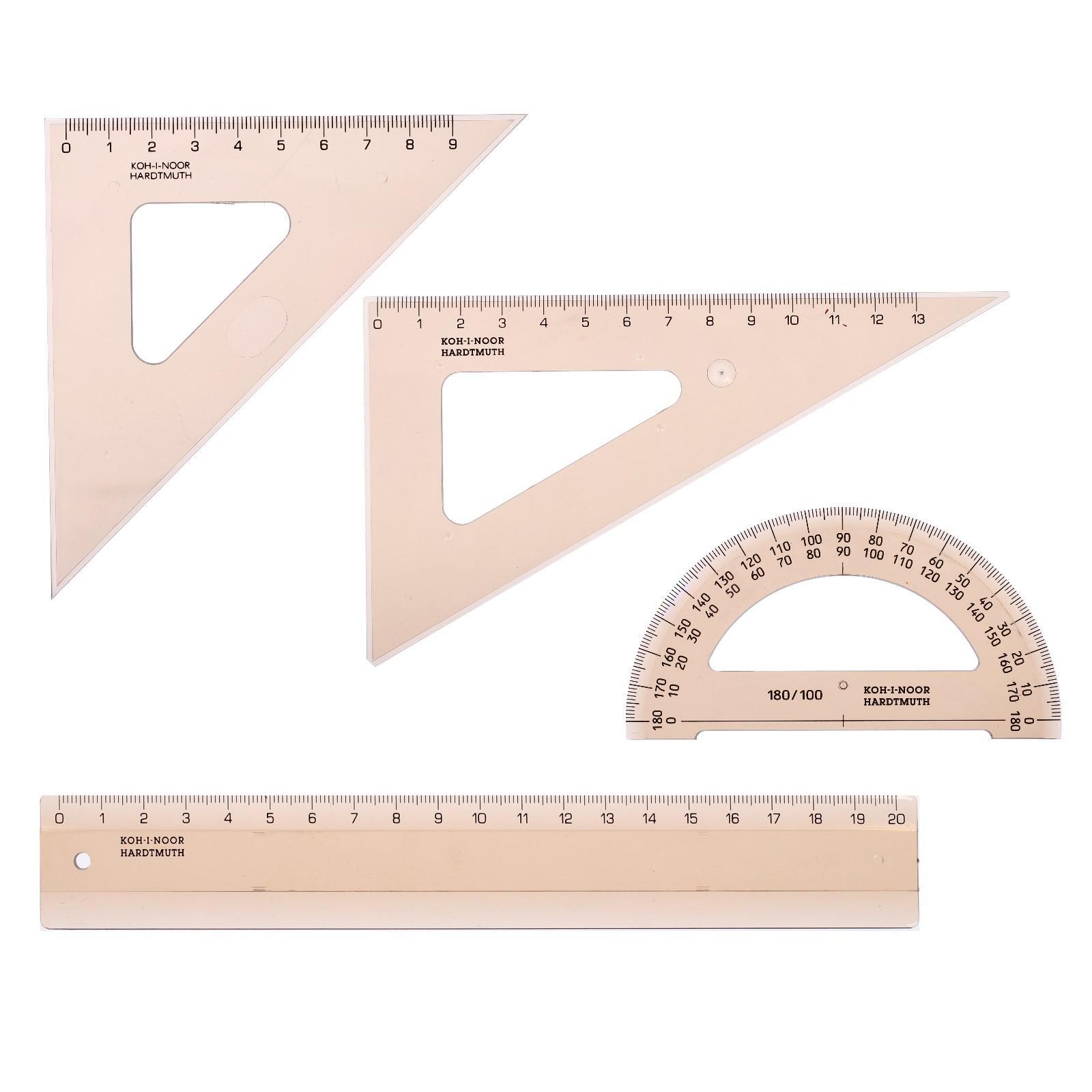 Набор геометрический, малый, Koh-I-Noor, дымчатый: 2 треугольных линейки, транспортир, линейка 20 см