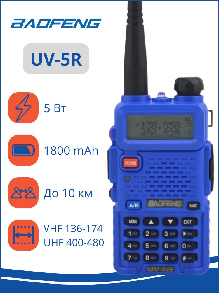 Рация Baofeng UV-5R 5W (2 режима мощности), синий