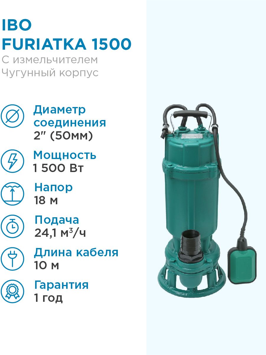 Фекальный погружной насос IBO FURIATKA 1500 дренажный с измельчителем 401,7л/мин Н-18м каб.8м для грязной воды и канализации чугунный корпус