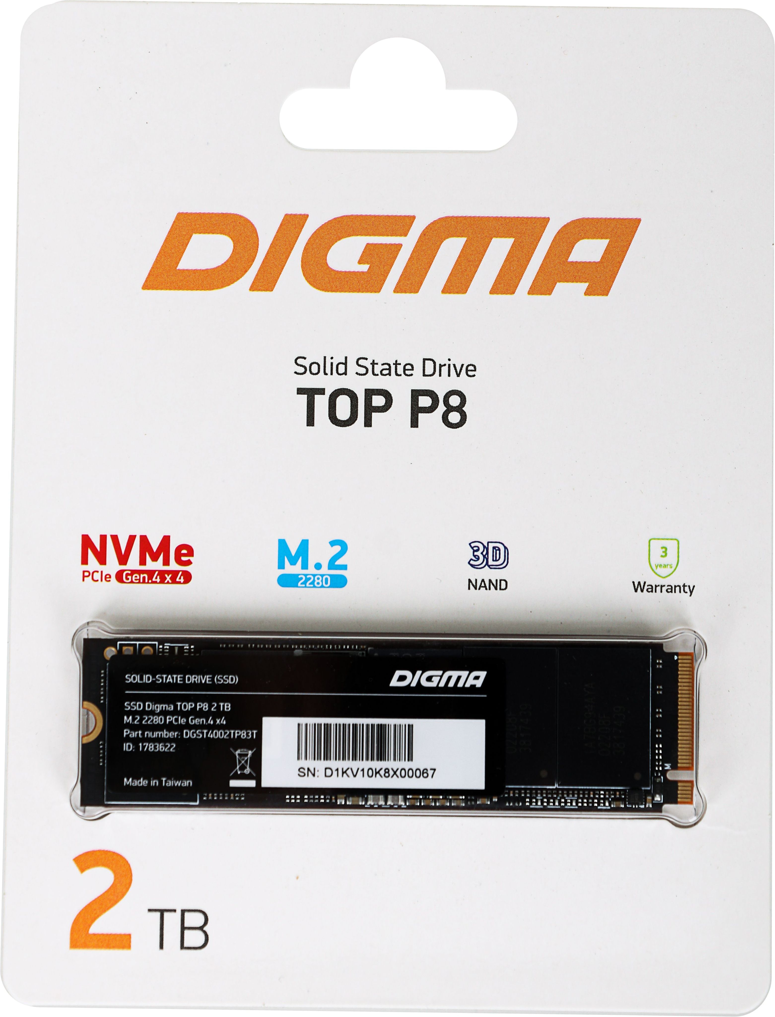 Digma 2 ТБ Внутренний SSD-диск PCI-E 4.0 Top P8 M.2 2280 (DGST4002TP83T)