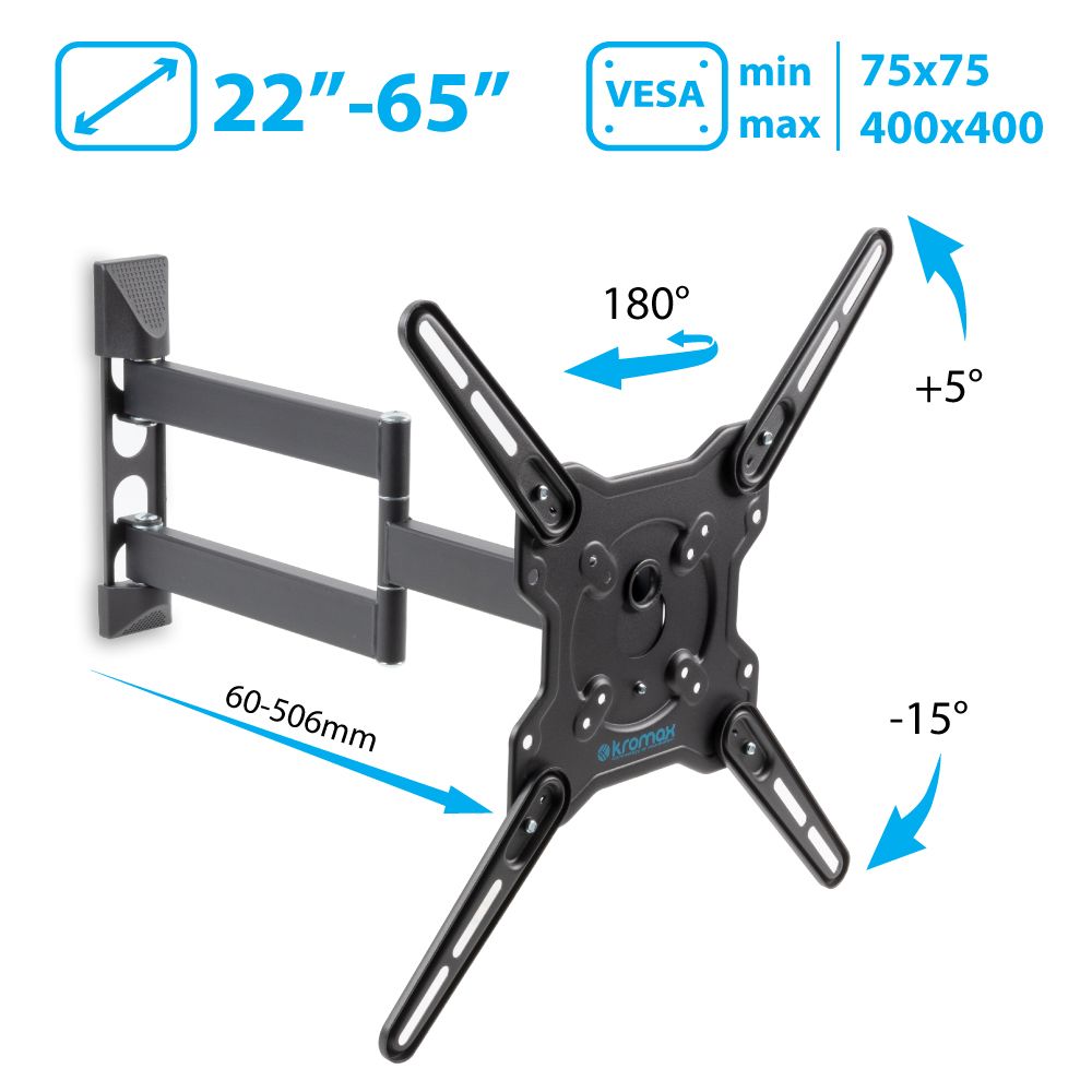 Кронштейн для телевизора настенный Kromax OPTIMA-406 / до 65 дюймов / наклонно-поворотное крепление для тв