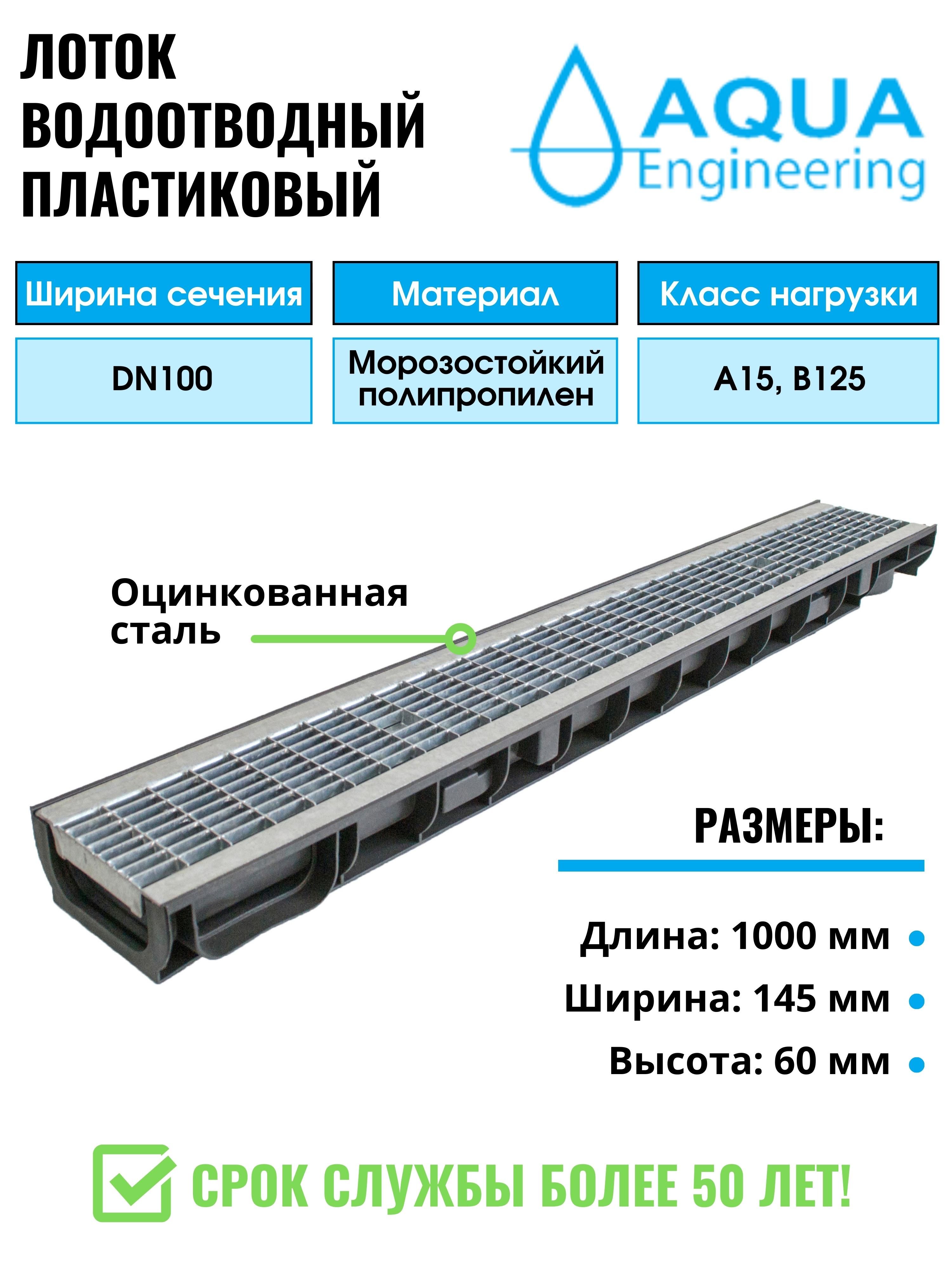 Лоток водоотводный пластиковый, дренажный, с ячеистой решёткой из оцинкованной стали, 1000x145x60 мм.