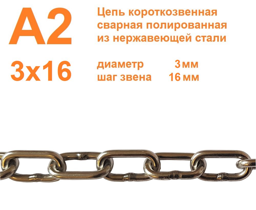 ЦепьнержавеющаякороткозвеннаяА23х16мм,DIN766,сварная,полированная,метр,всего2метра