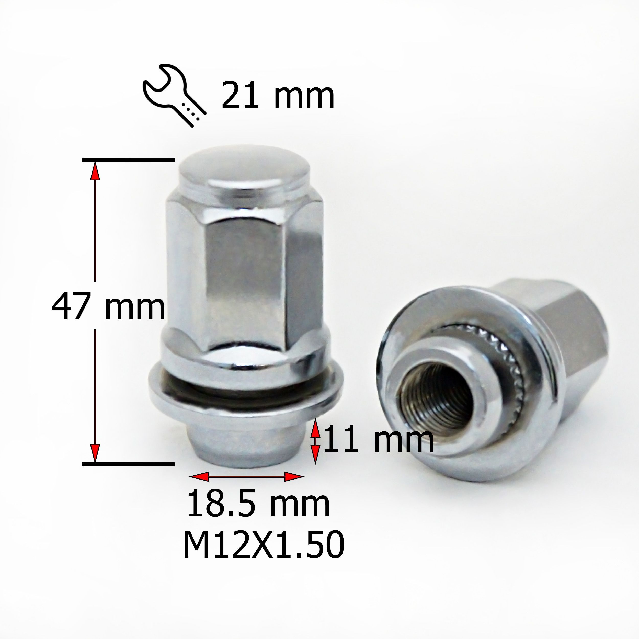 Гайка колесная M12х1,5 высота 47мм Прессшайба - 20 штук, диаметр носика 18,5мм, закрытая(цельная) ключ 21мм