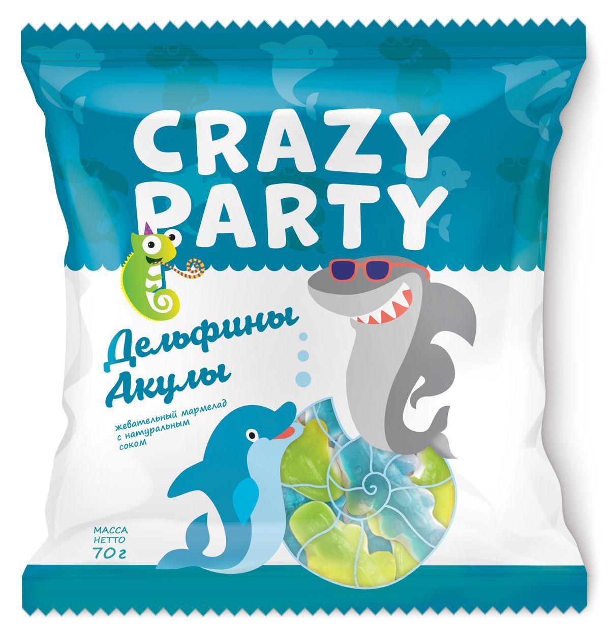 Мармелад жевательный фигурный Crazy Party Дельфины и Акулы, 70г.