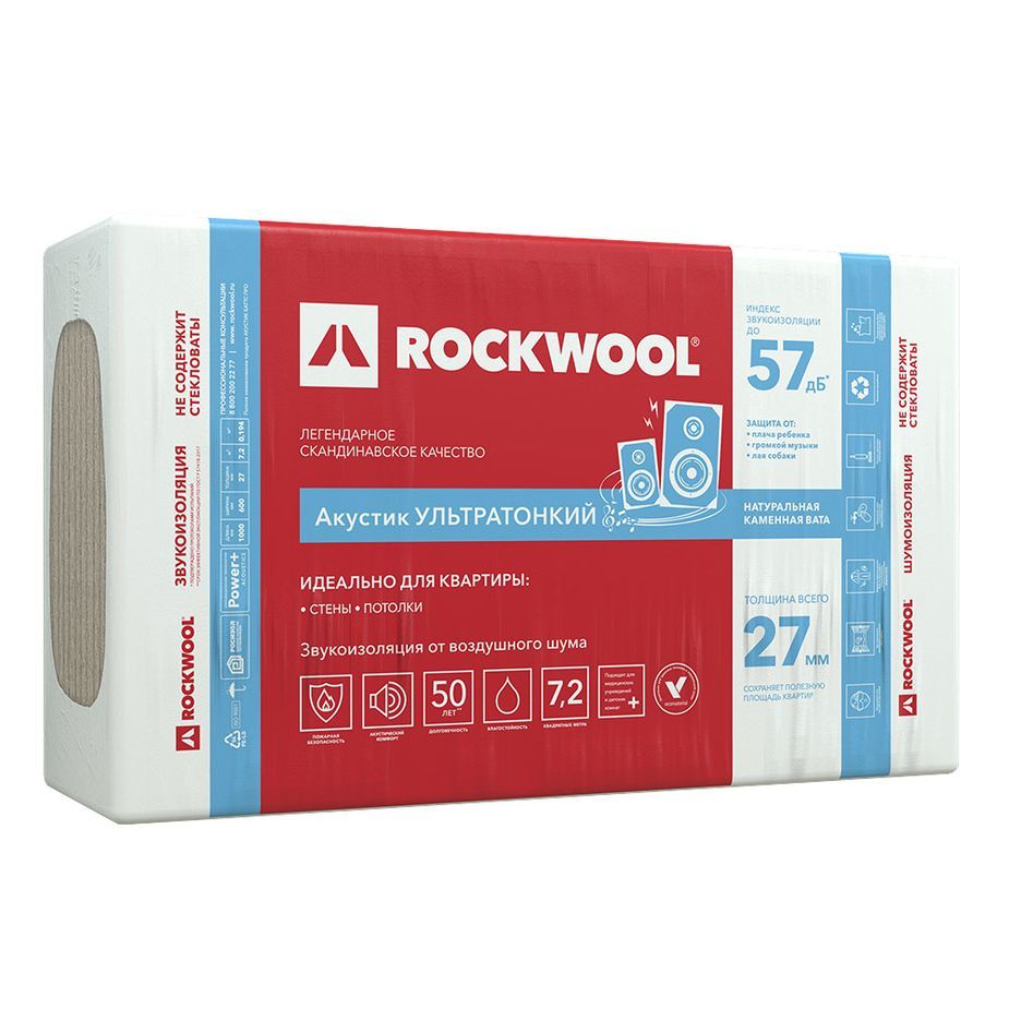 Роквул Акустик Баттс Про Ультратонкий/Rockwool Акустик Баттс Про Ультратонкий звукоизоляция 27х600х1000 мм 7.2 кв.м