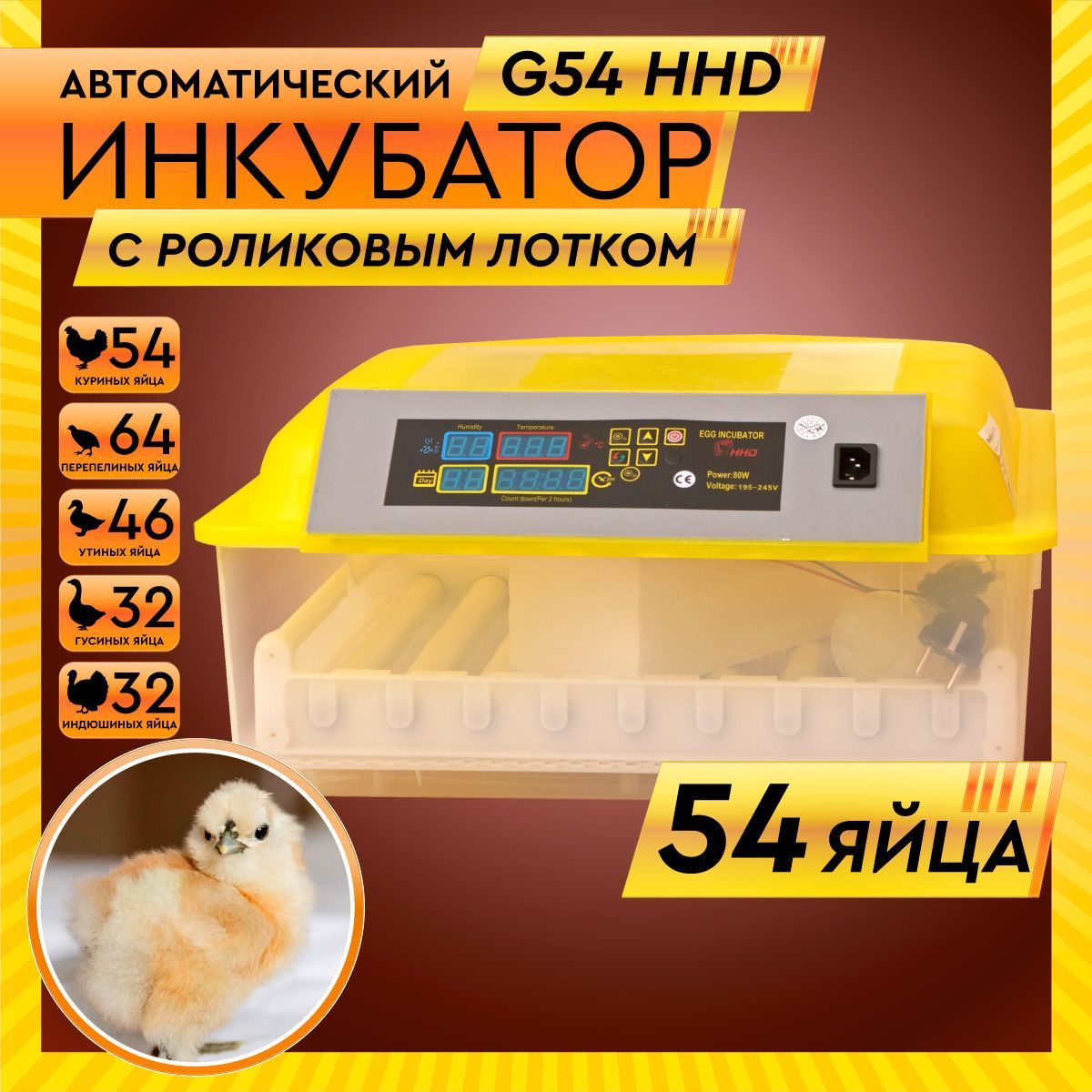 Инкубатор автоматический 54 яйца HHD с роликовым лотком, G54