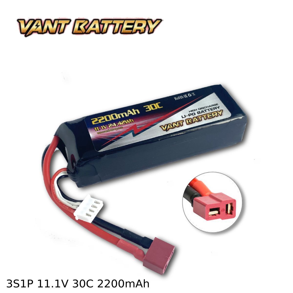 Аккумулятор Vant LiPo 11.1V 2200mAh 30C, разъем T-Plug, для радиоуправляемых вертолетов, катеров, машин