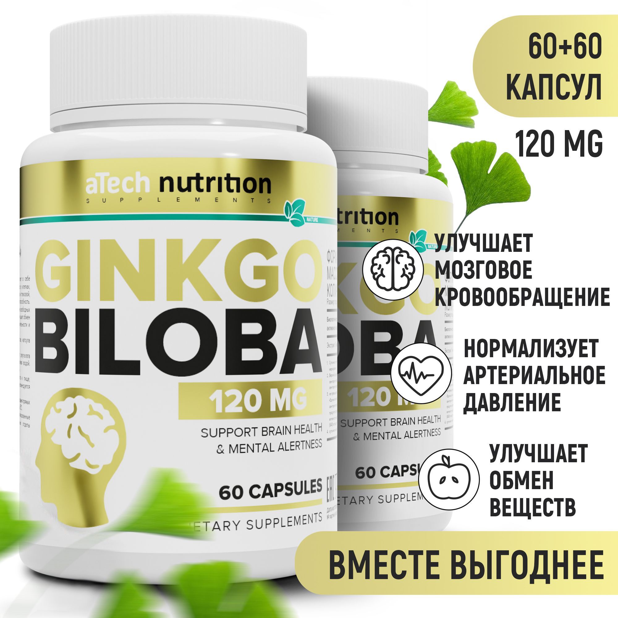 Гинкго билоба 120 капсул природный ноотроп для мозга ginkgo biloba 60 + 60  капсул aTech nutrition - купить с доставкой по выгодным ценам в  интернет-магазине OZON (1210667880)