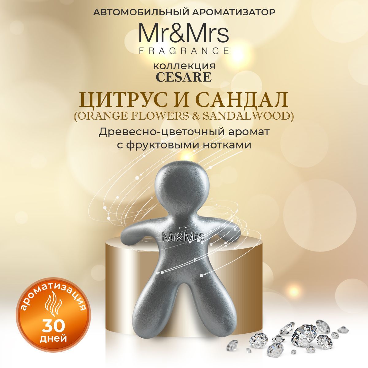 Ароматизатор для авто человечек Mr&Mrs CESARE Orange Flowers & Sandalwood /  Цитрус и Сандал, матовое серебро