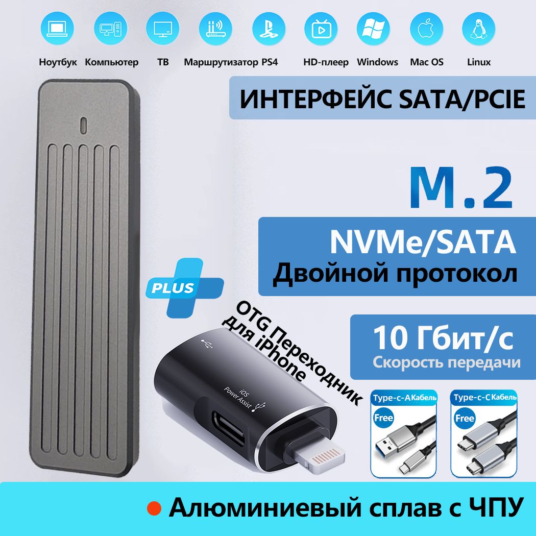 БоксдляжесткогодискаSSDM2NVMEM-keyB+MKey-TypeC/USB3.1CNCАлюминиевыйсплавсдвумяпроводами/кабелемвнешнийкорпусчехолBoxдляССДМ2
