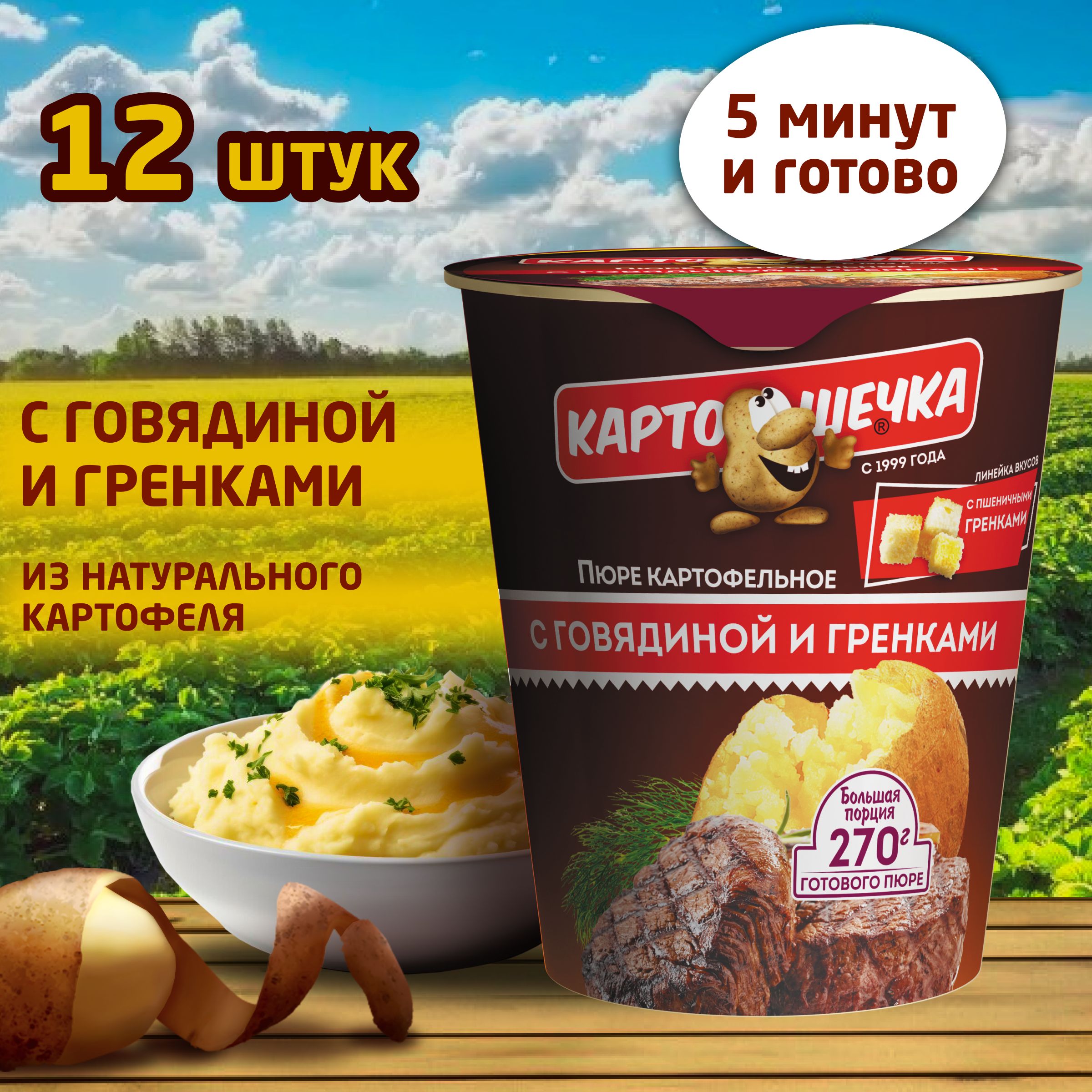 Пюре картофельное с говядиной и гренками Картошечка, 40 г -короб 12 шт -  купить с доставкой по выгодным ценам в интернет-магазине OZON (1075956270)