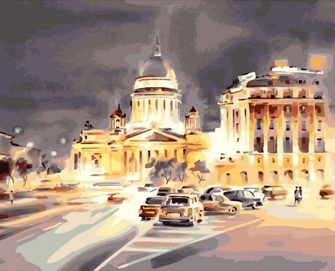Картина по номерам на холсте 40х50 40 x 50 на подрамнике "Огни и автомобили ночного Питера. Исакиевский #1