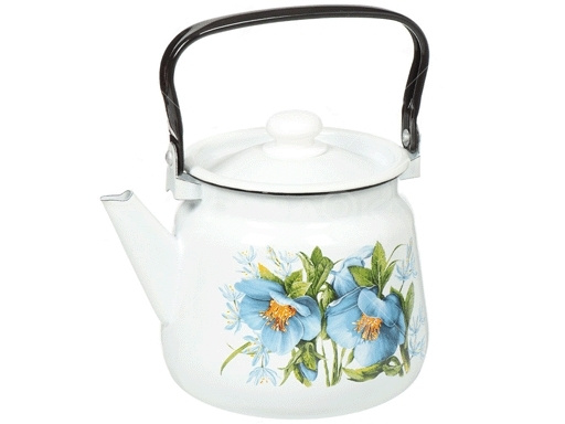 Чайник эмалированный 3,5л с декором Цветы синие, белый с кнопкой / чайник для дома / чайник для дачи #1