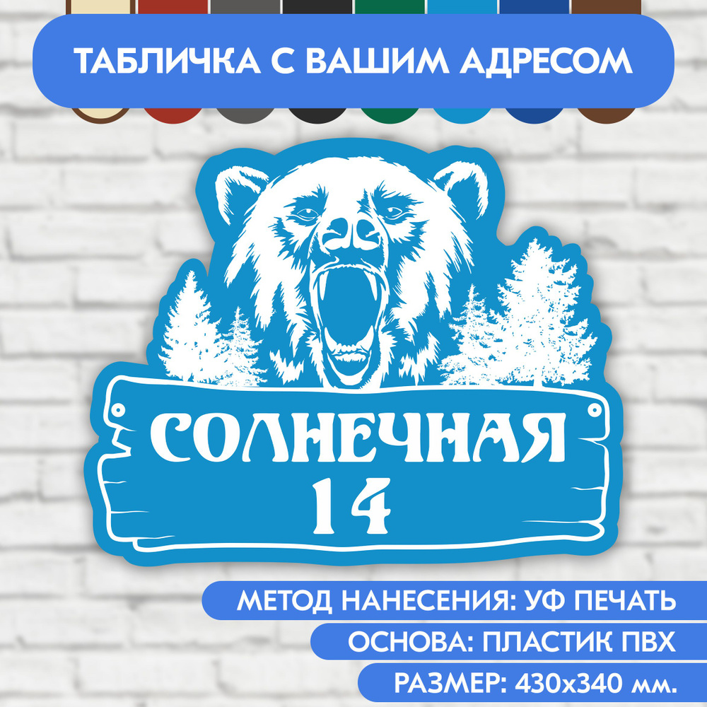 Адресная табличка на дом 430х340 мм. "Домовой знак Медведь", голубая, из пластика, УФ печать не выгорает #1