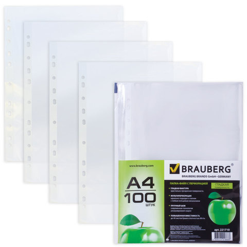 Папки-файлы Brauberg Перфорированные А4, 100 шт, гладкие, Яблоко, 35 ...