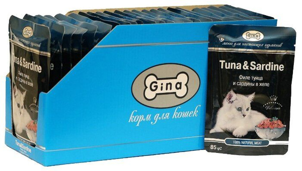 GINA для кошек влажный 85гр тунец и сардины в желе, 24 шт - купить с ...
