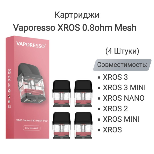 Картриджи Vaporesso XROS 0.8ohm Mesh Pod, коил на Иксрос, 4 штуки, без ...