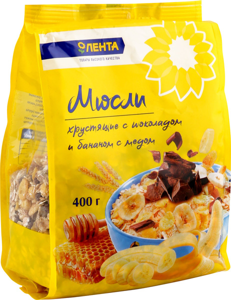 Мюсли ЛЕНТА хрустящие с шоколадом и бананом с медом, 400 г / Готовый ...