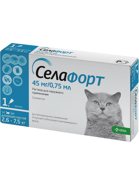 Препарат от клещей и блох KRKA Селафорт капли для кошек от 2,6-7,5 кг ...