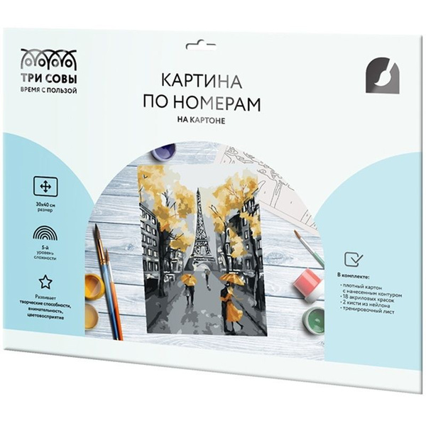 Картина по номерам ТРИ СОВЫ на картоне Золотой Париж, 30х40 см, с ...