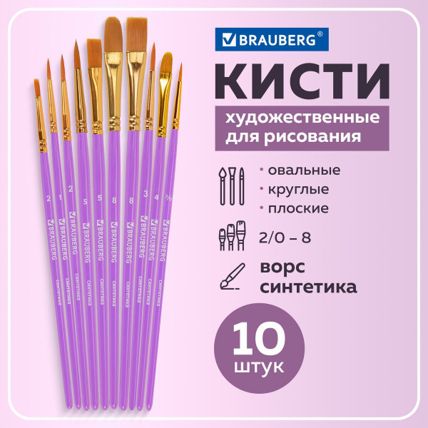 Кисти для акварели, гуаши для рисования синтетика Brauberg, Набор 10 ...