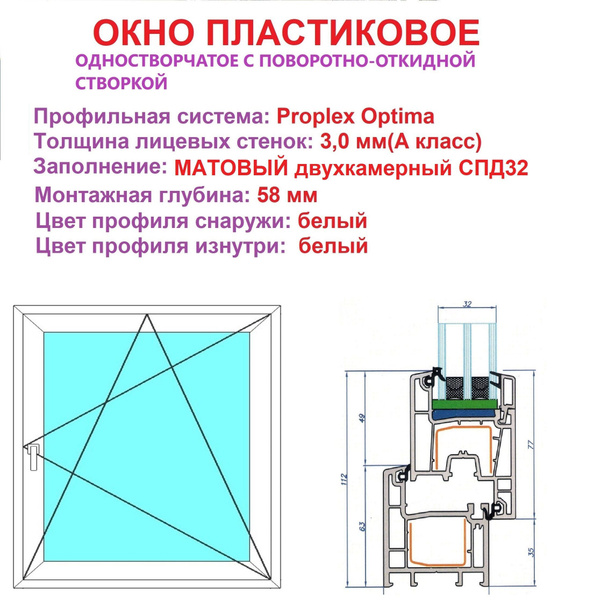 Окно пластиковое Одностворчатое с поворотно-откидной створкой и с .