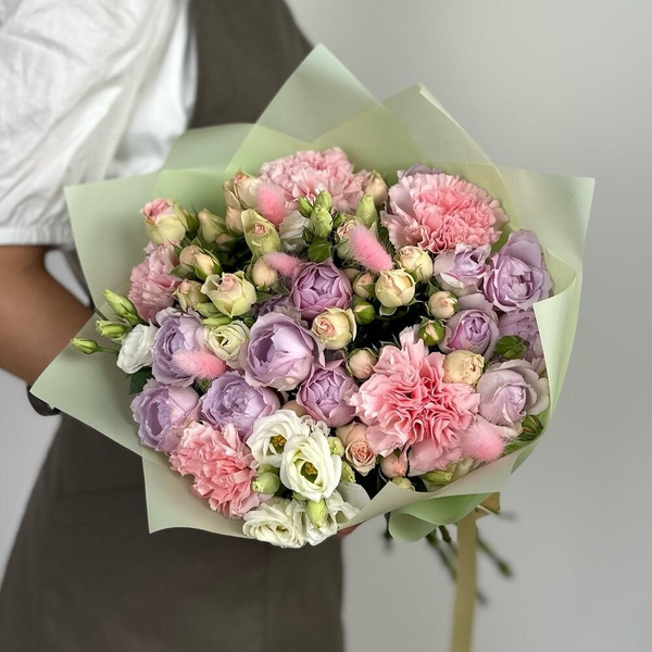 Диантус, Эустома, Кустовая роза ALMOND ROSES, цвет разноцветный, 17 шт ...