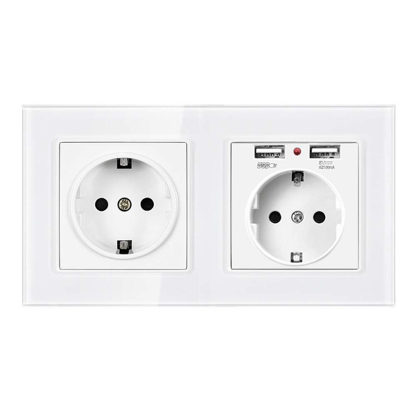 Розетка SRAN двойная, закаленное стекло с USB, серия F6, 16 А, с ...